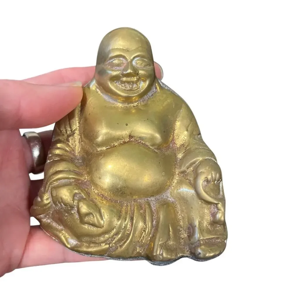 Vintage Brass Laughing Buddha Statue Small Sitting Figurine Feng Shui Boho Decor